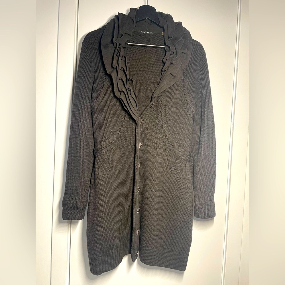 Elie Tahari Cardigan Brown Wool, Ruffle collar. Size L